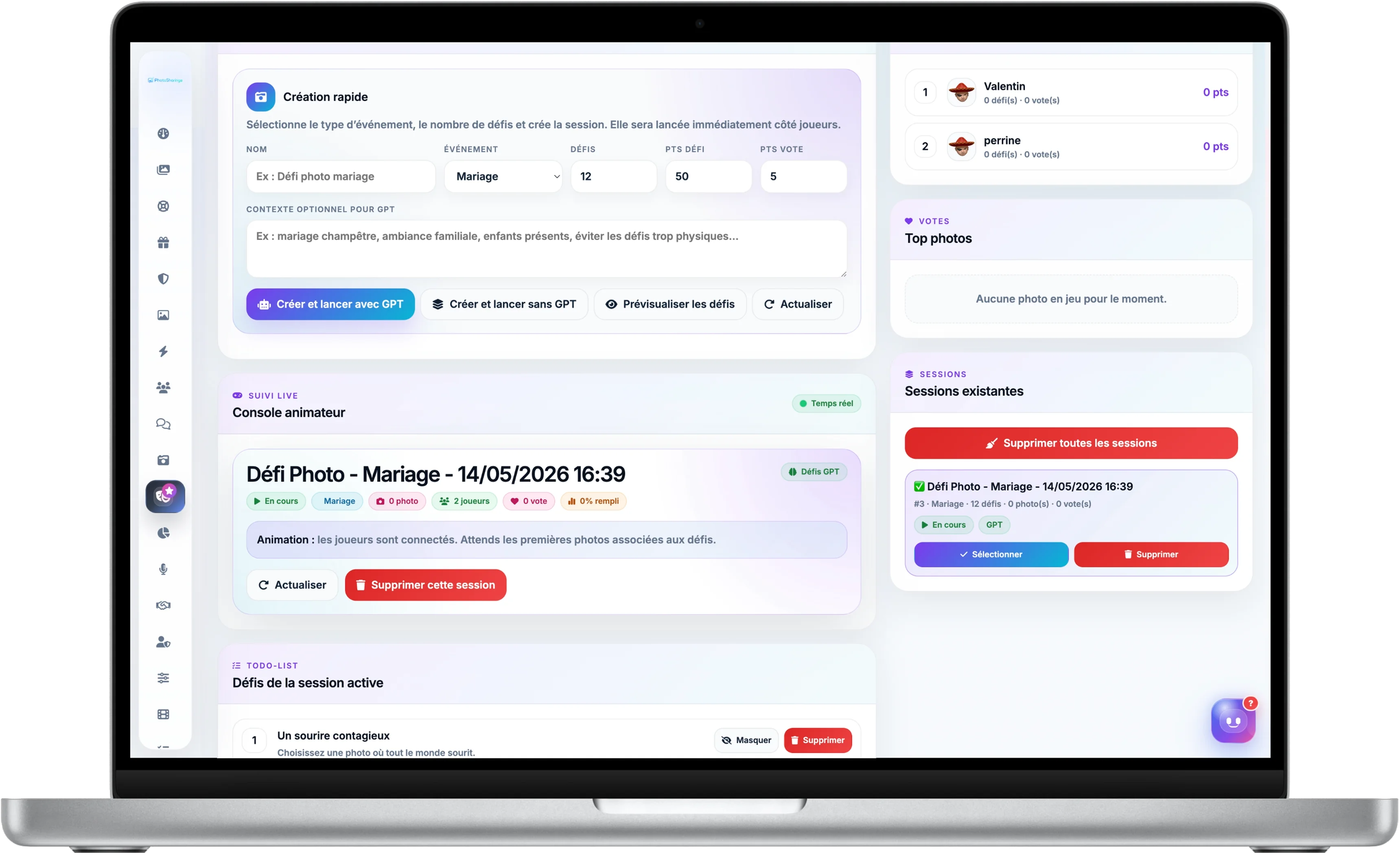Console organisateur Defi Photo PhotoSharing