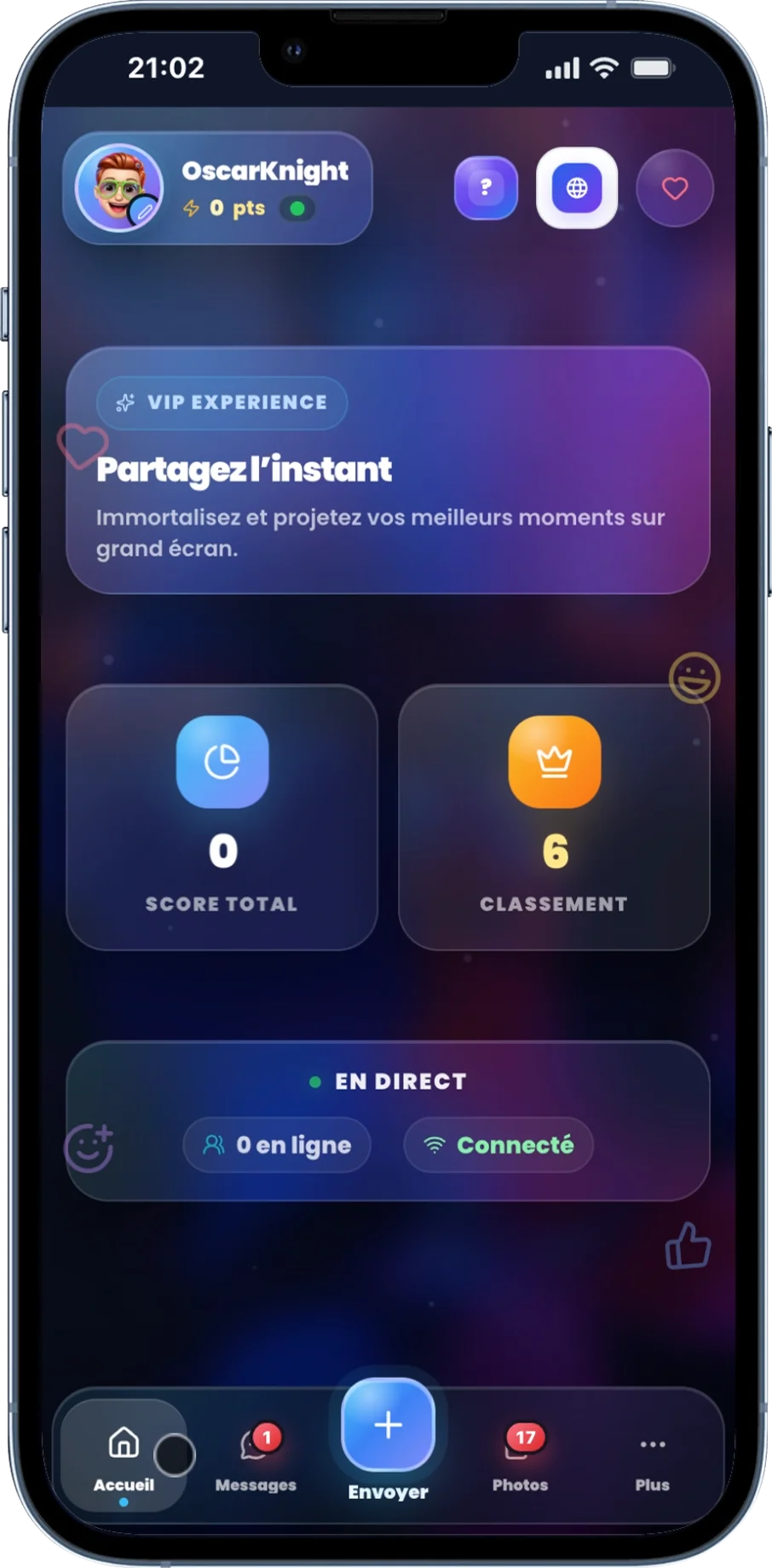 Interface PhotoSharing sur téléphone avec score et classement de l'exemple affiché