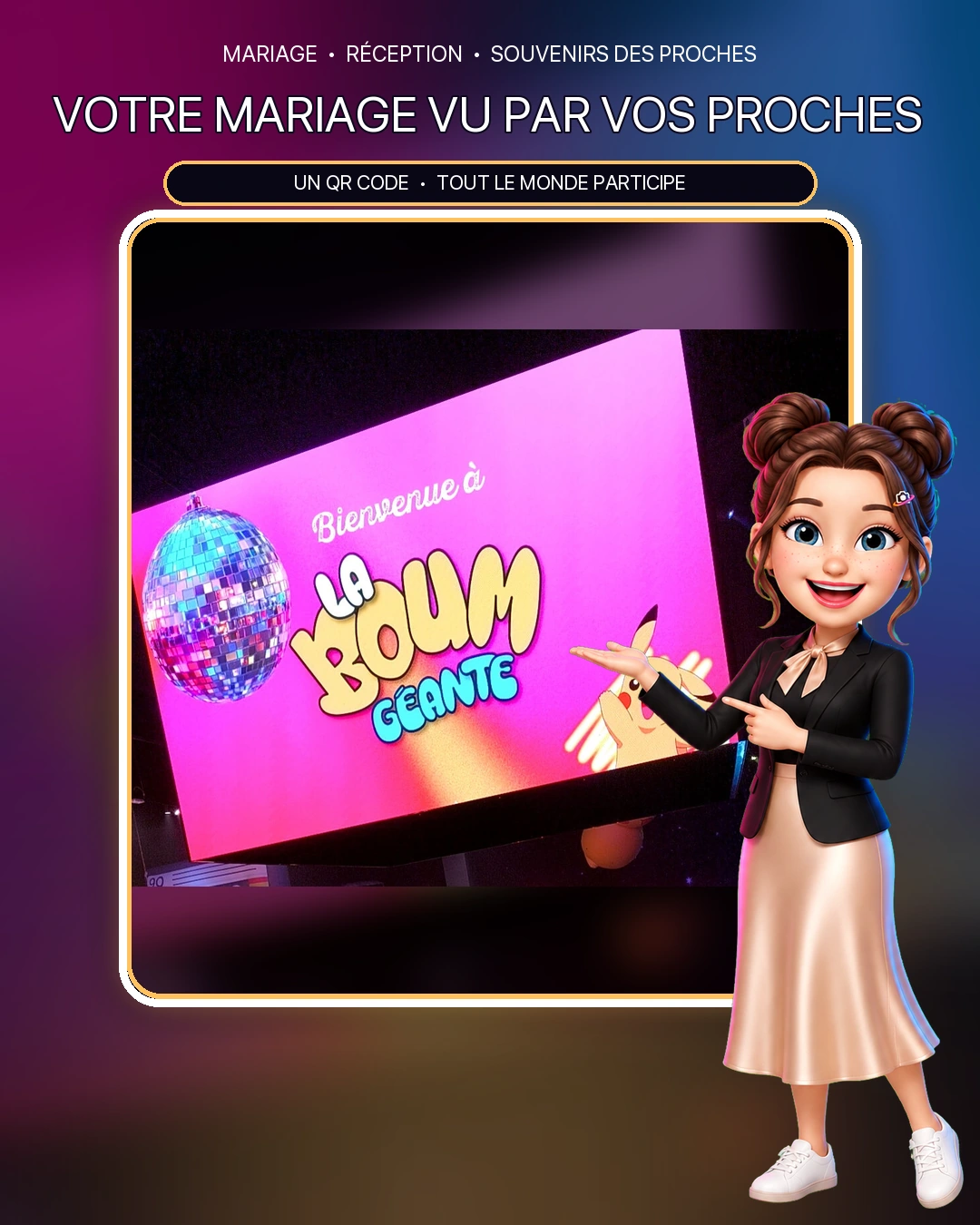 Mascotas 3D presentan una foto de fiesta en un marco luminoso, con textos sobre recuerdos de boda y participación mediante código QR.