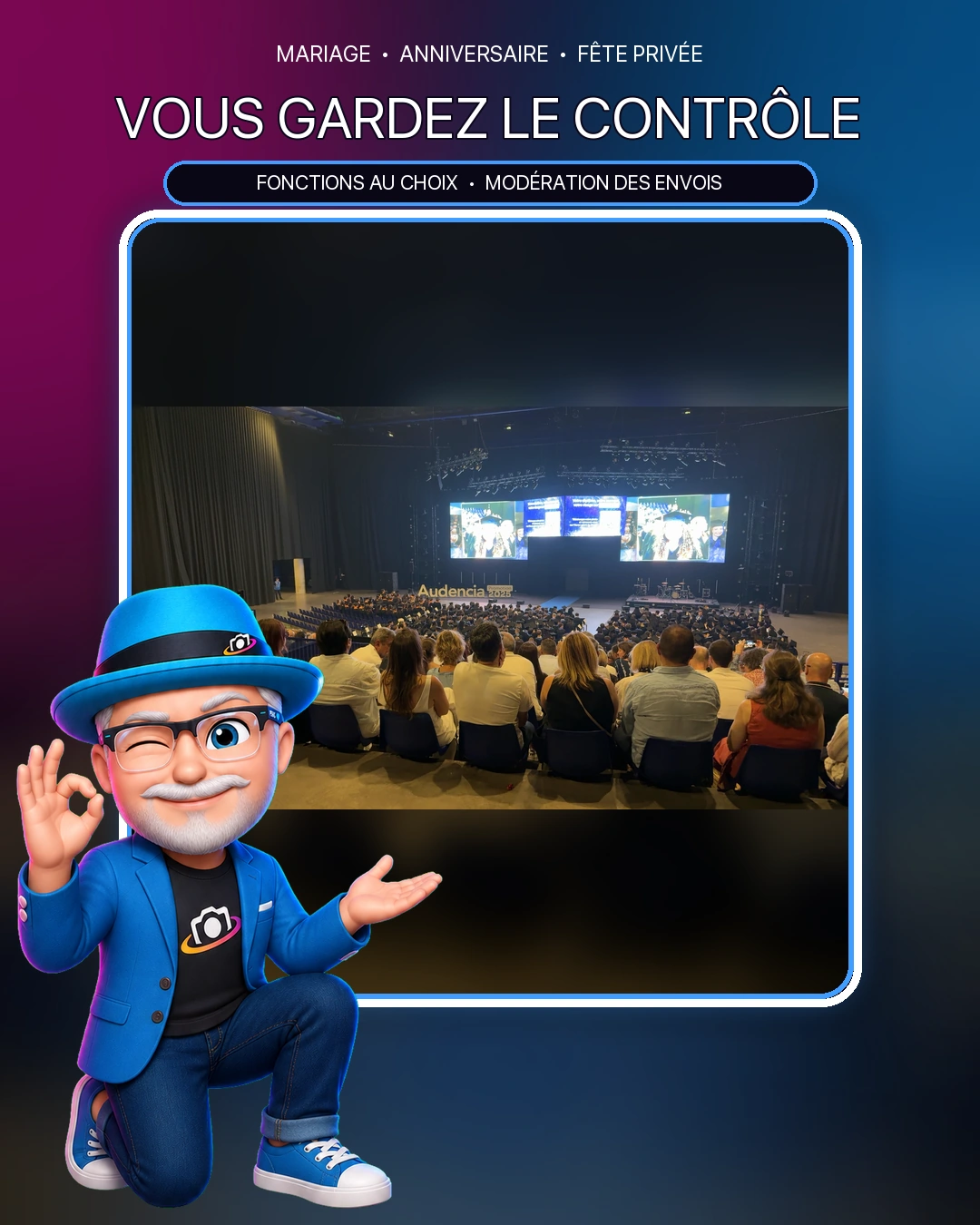 Mascottes PhotoSharing présentant une photo de cérémonie de promotion dans un grand auditorium rempli de diplômés