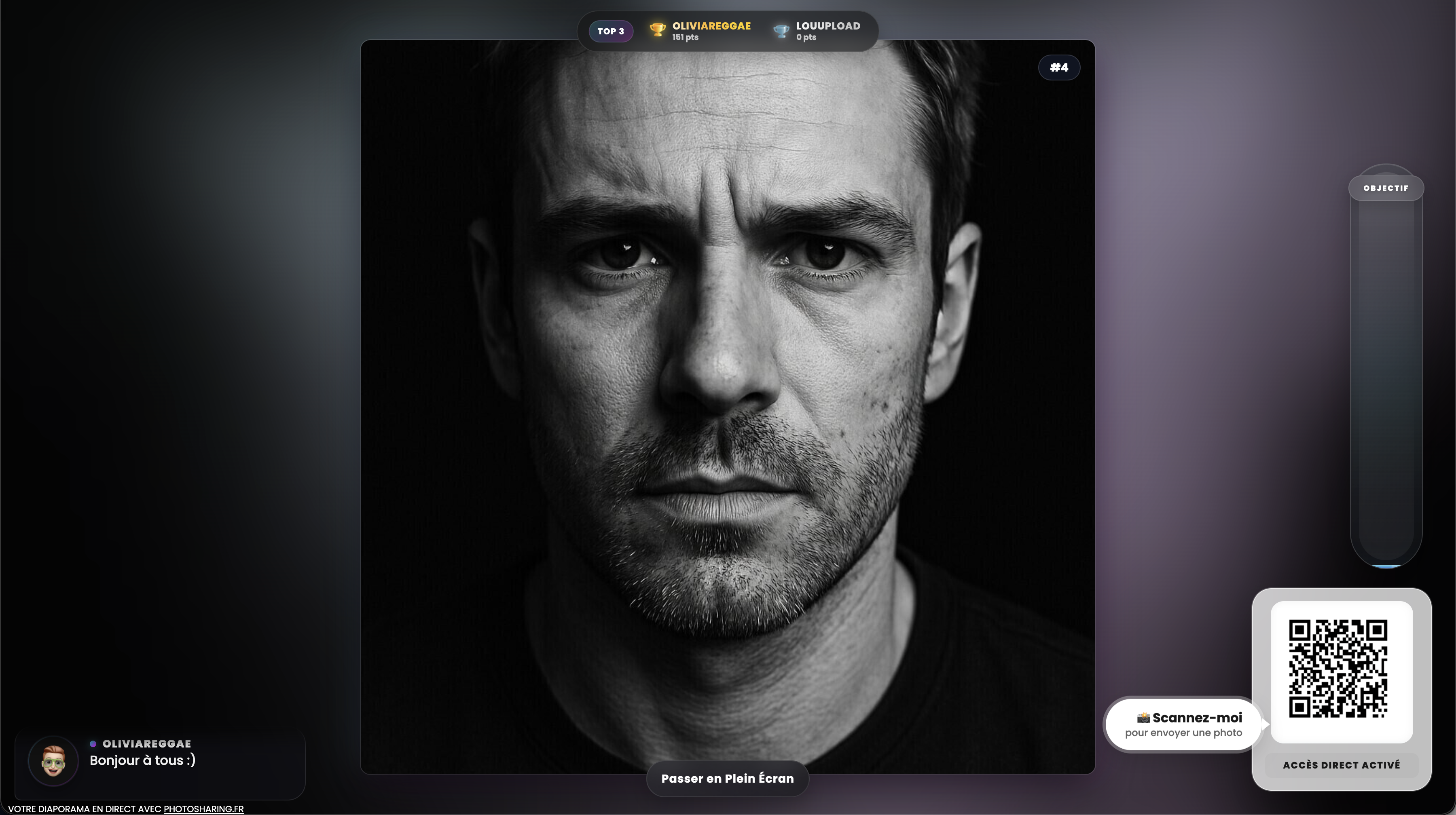 Dark interactive slideshow interface with a black-and-white portrait, leaderboard, message, goal meter and QR code