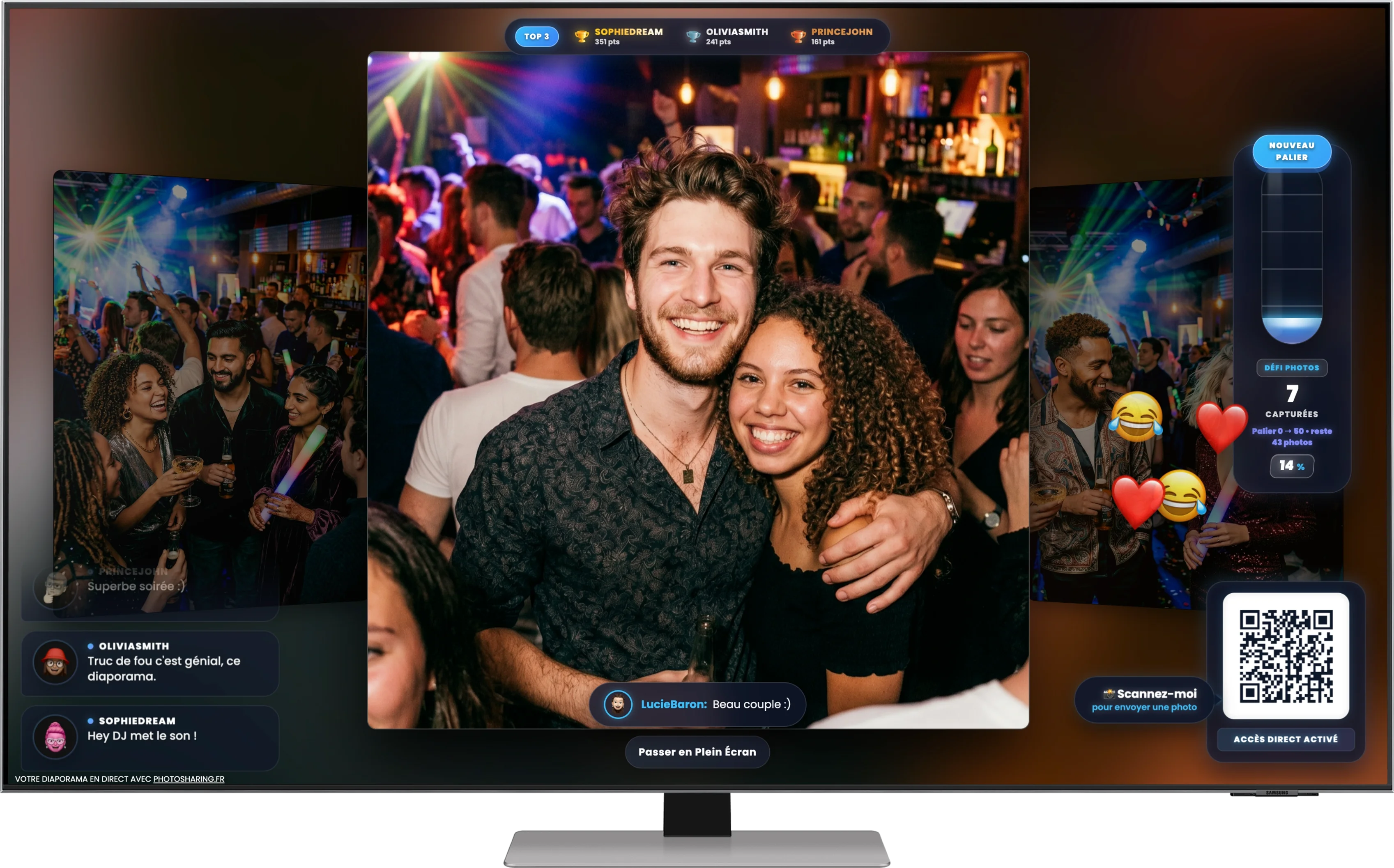 Flat-screen TV showing a participatory party photo slideshow with comments, reactions, a Top 3 ranking and a QR code