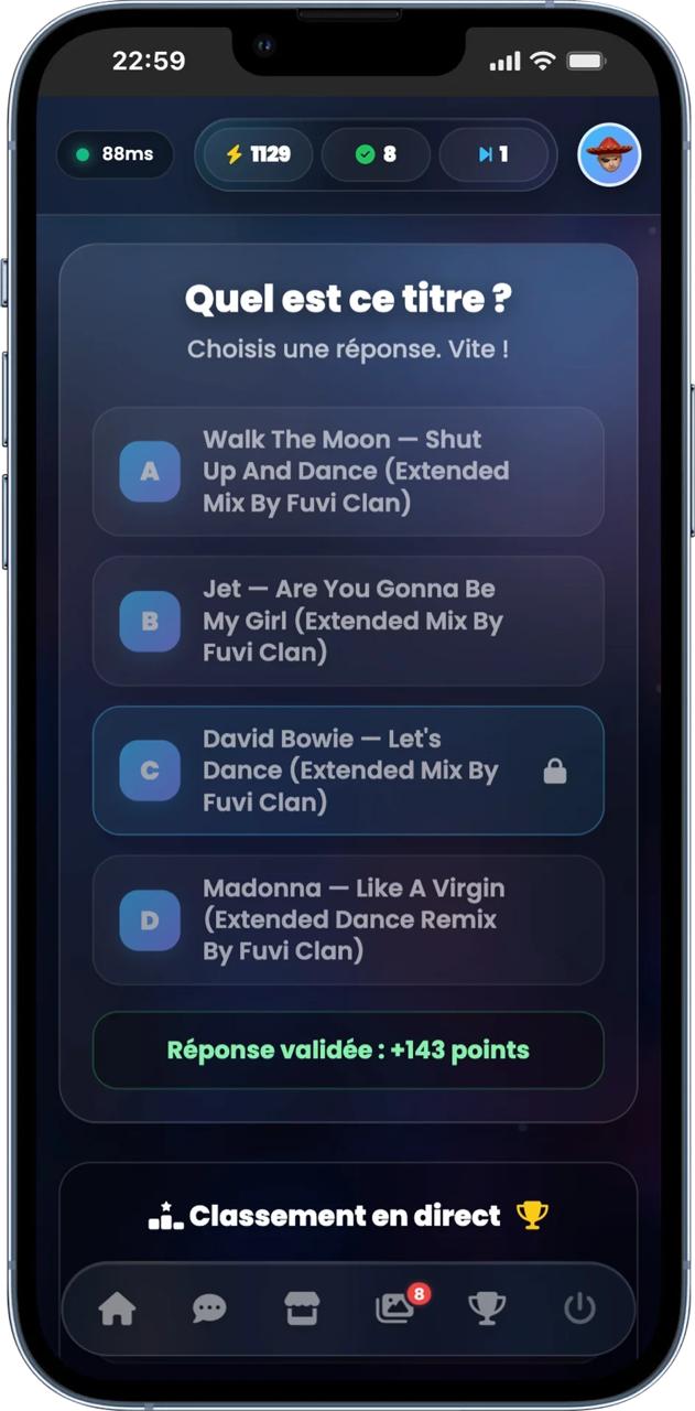 Interface mobile joueur pour répondre au Blind Test PhotoSharing