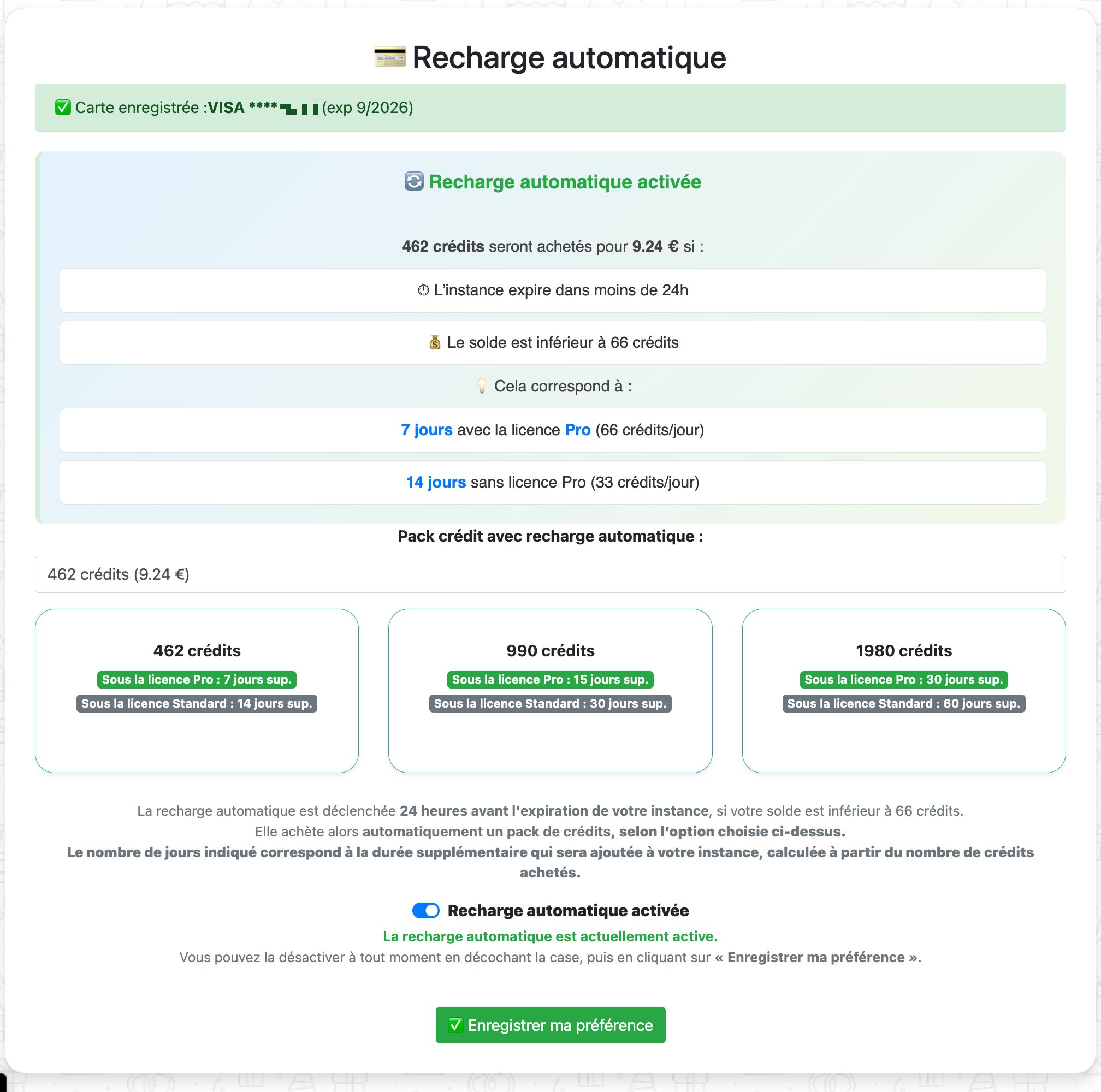 Carte enregistrée - Recharge automatique