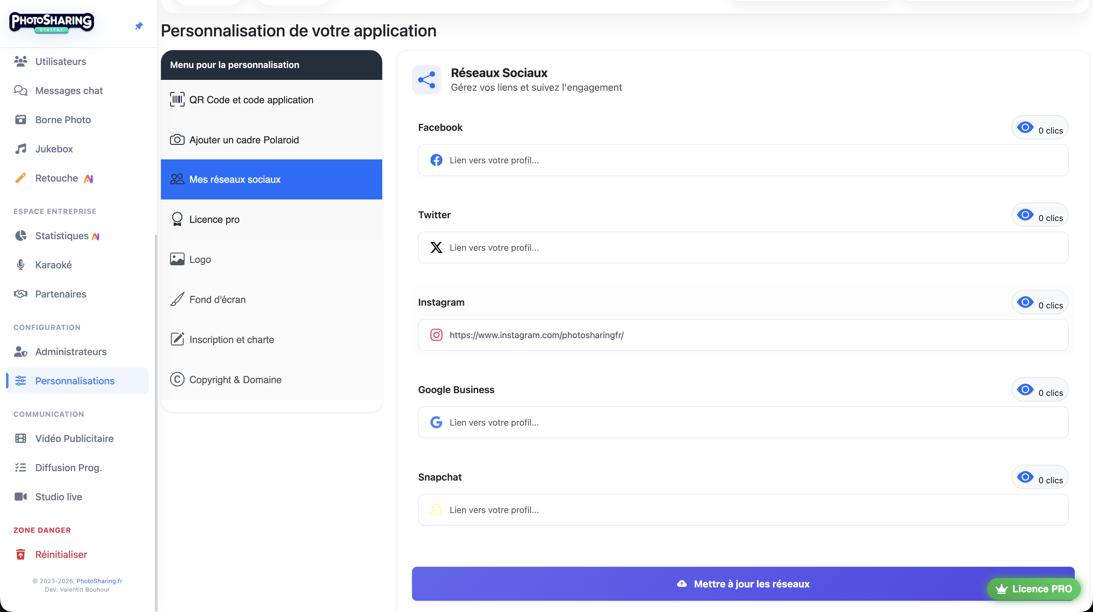 Configuration des réseaux sociaux PhotoSharing