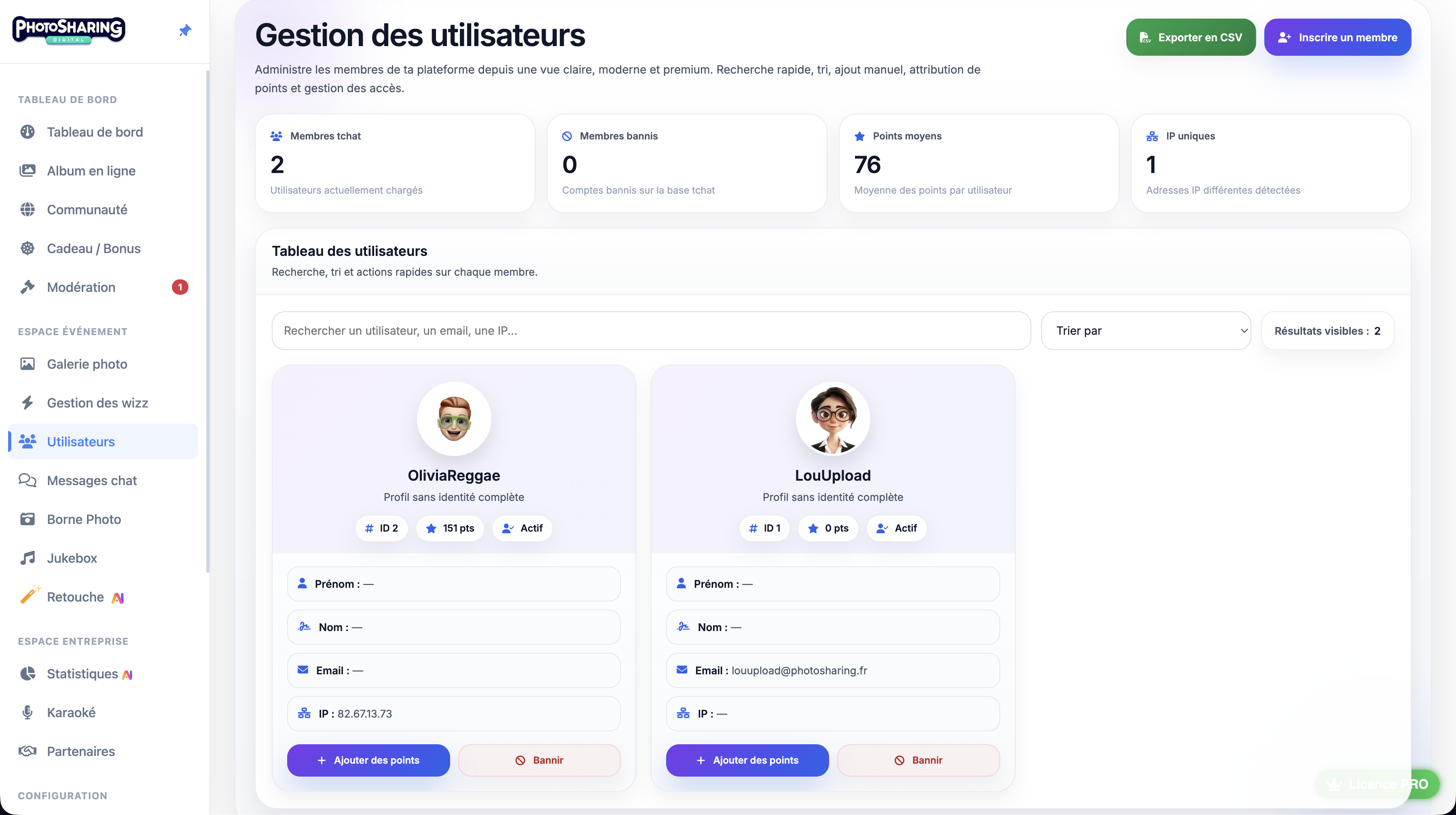 Menu utilisateur PhotoSharing